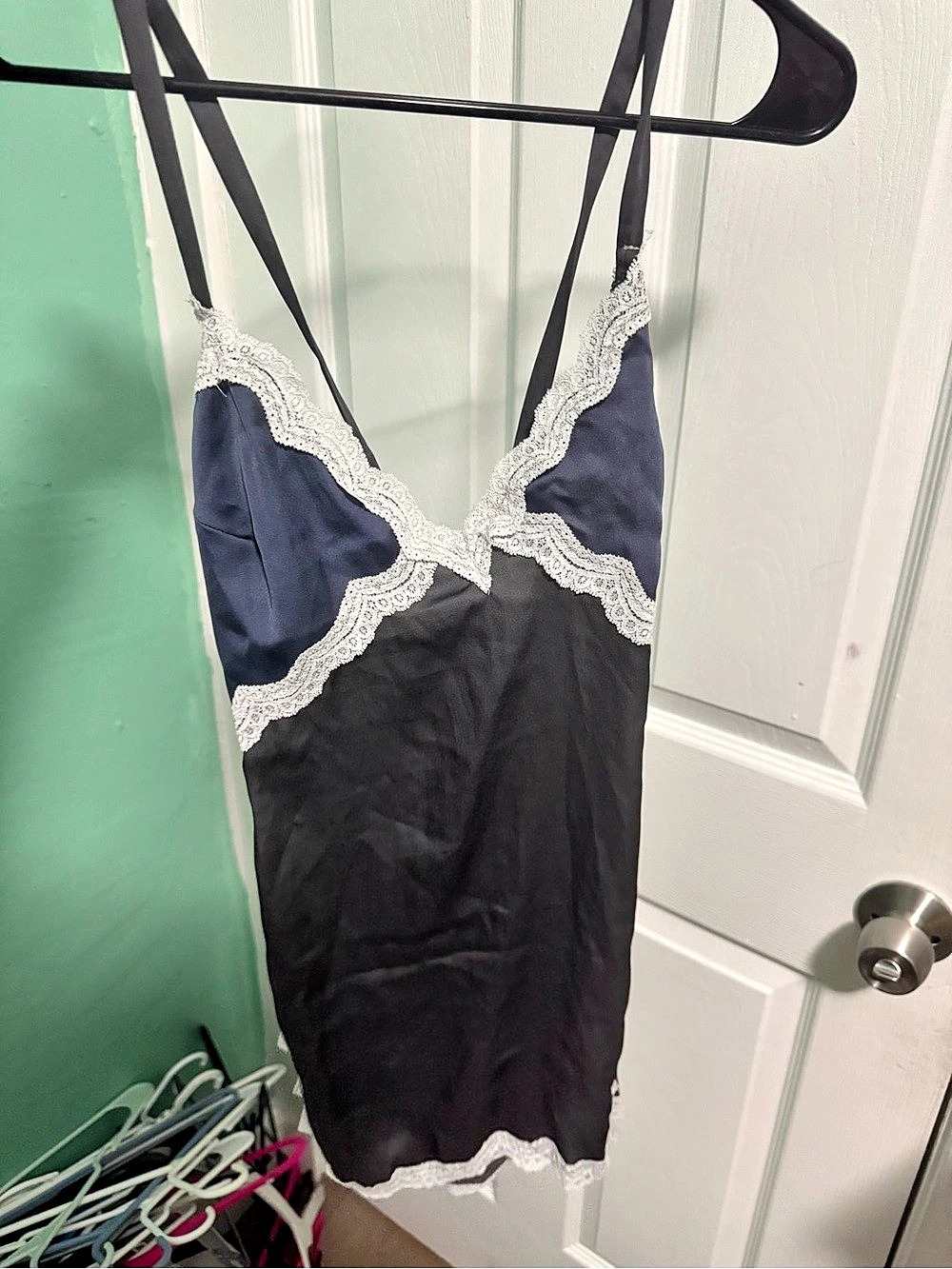 Free People Lace Trim Mini Dress in Black & Blue Like New